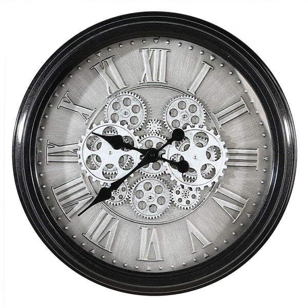 Factona - Wall clock in metal and glass with antique finish and rotating gears in black and silver