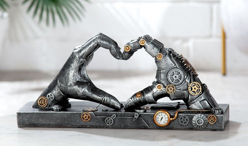 Steampunk handsculptuur in hartvorm - Antiek zilver met koperen accenten