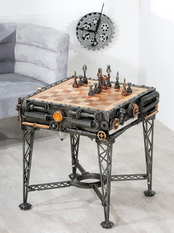 Unieke metalen schaaktafel "Steampunk" - Industrieel design ontmoet handgemaakt uniek