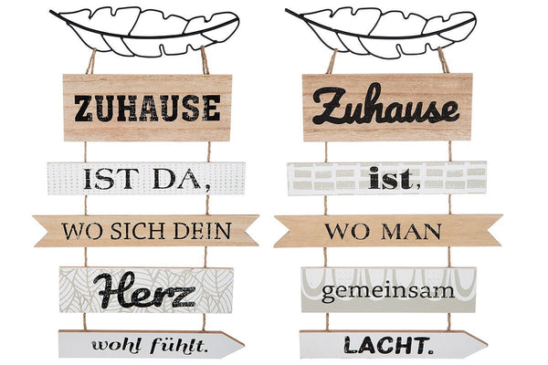 Set of 2 decorative MDF wooden hangers wisdom "Home is ..." beige/white/natural color, with metal spring