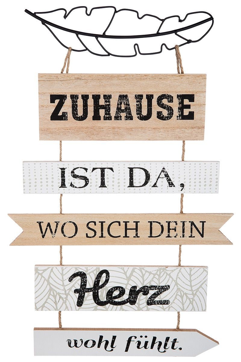 2er Set Deko MDF Holz Hänger Weisheit "Zuhause ist ..."beige/weiß/naturfarben, mit Feder aus Metall