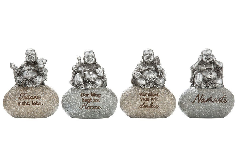 Set of 4 laughing Buddha figures on stone with motivating quotes