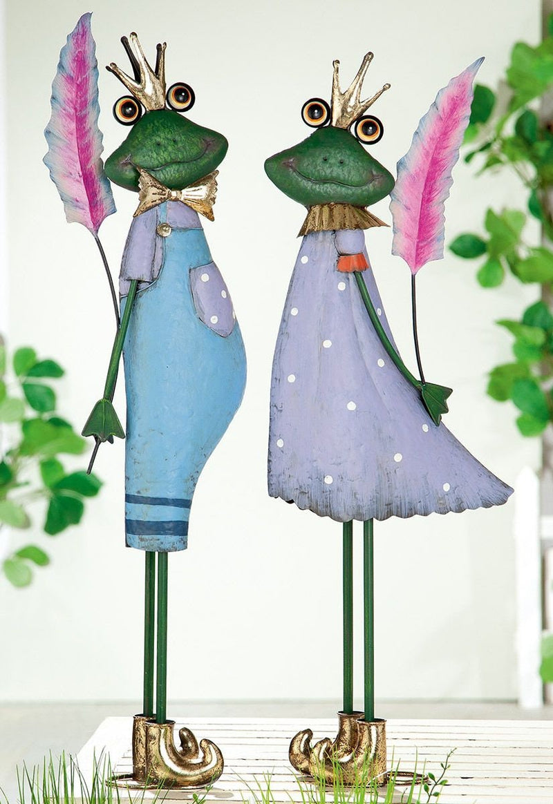 Set of 2 metal frog pair "Paul + Pauline" Frog figures made of metal blue/purple/pink/green, with gold-colored shoes and crown Height 75cm