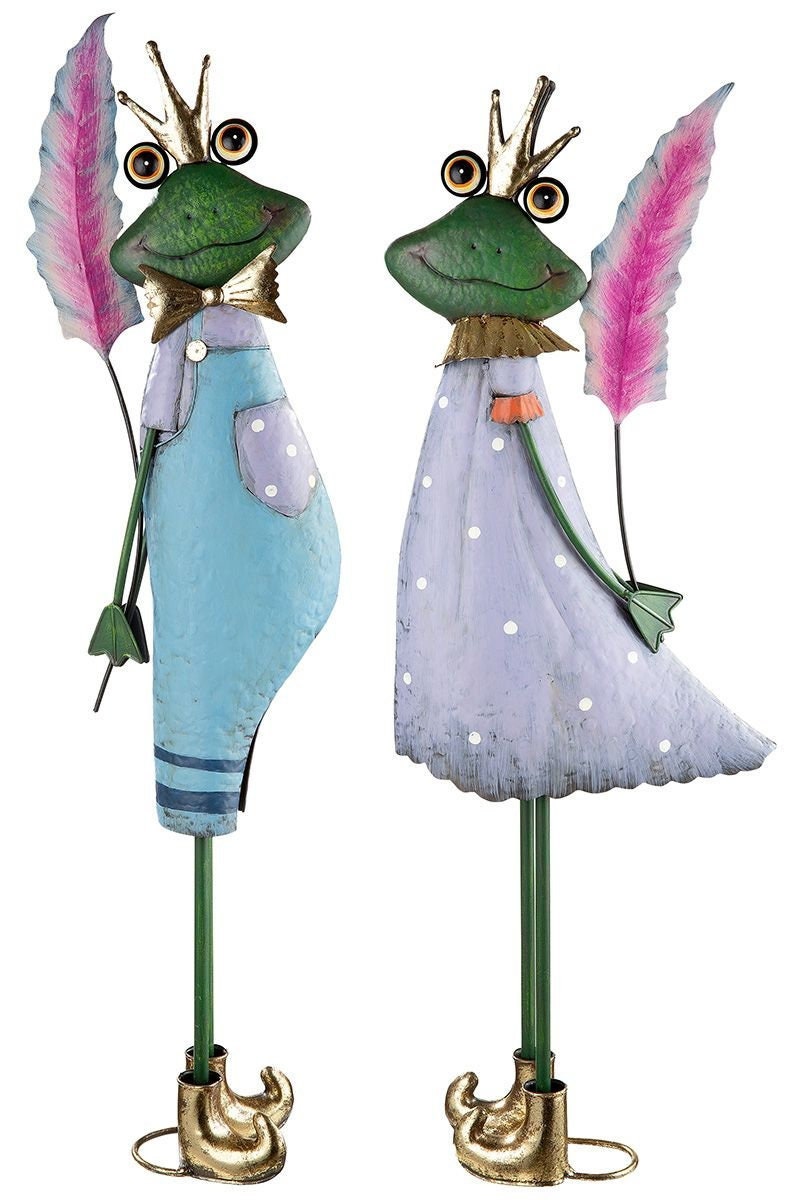 Set of 2 metal frog pair "Paul + Pauline" Frog figures made of metal blue/purple/pink/green, with gold-colored shoes and crown Height 75cm