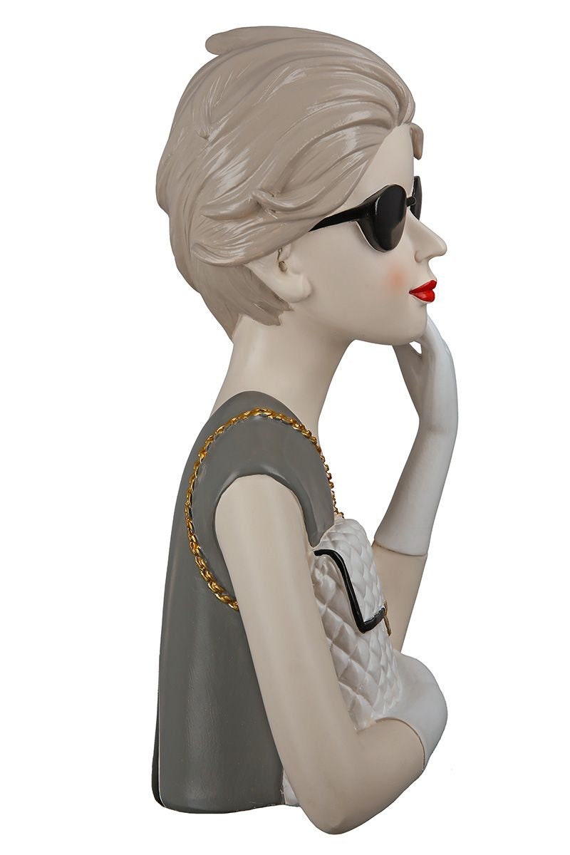 Figuur MYLADY met handtas grijs/zwart jurkje met zonnebril handbeschilderd sculptuur decoratief figuur Beauty