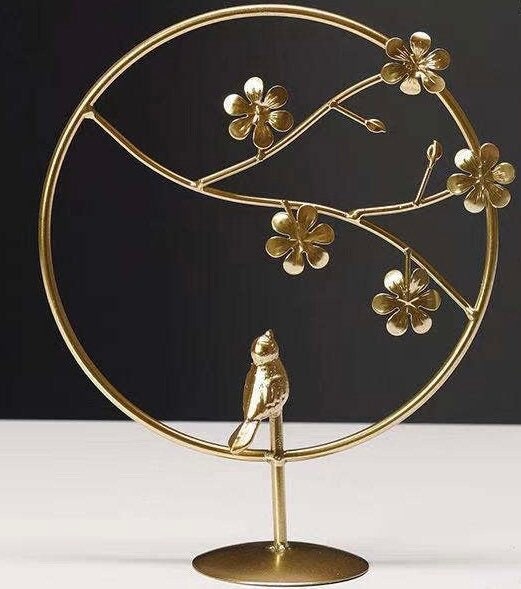 MF mega vos metalen decoratie "BIRD" vogel bloemen plant sculptuur decoratie in goudkleurig ornament