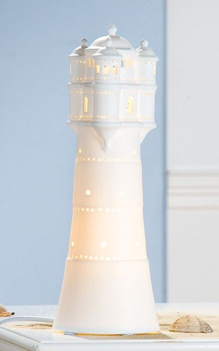 Porzellan Nachtisch Lampe LEUCHTTURM Meer Lichtschatten 35cm Höhe weiß Dekoration