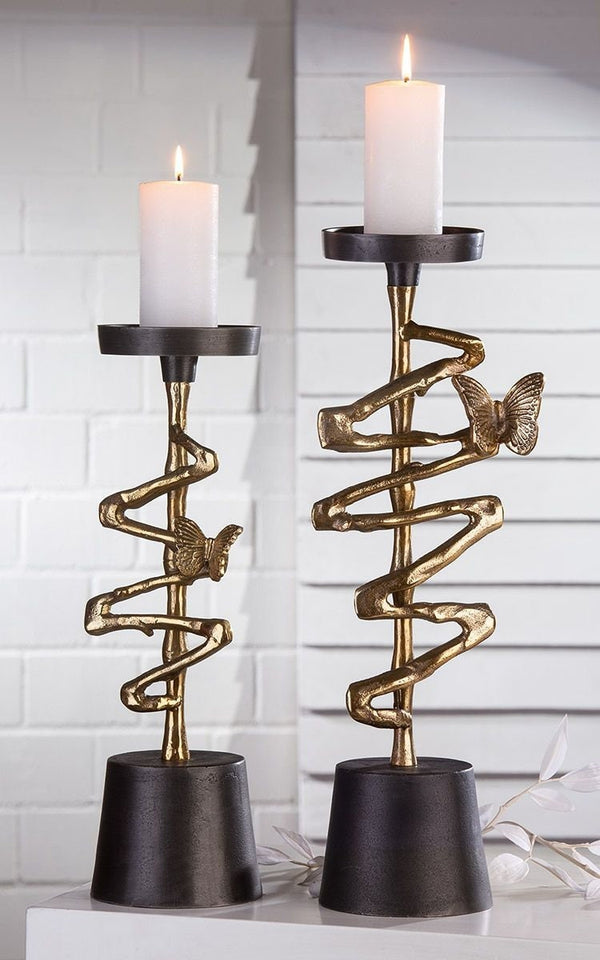 Candlestick » Papillon « Candlestick with butterfly made of aluminum painted in antique gold colour