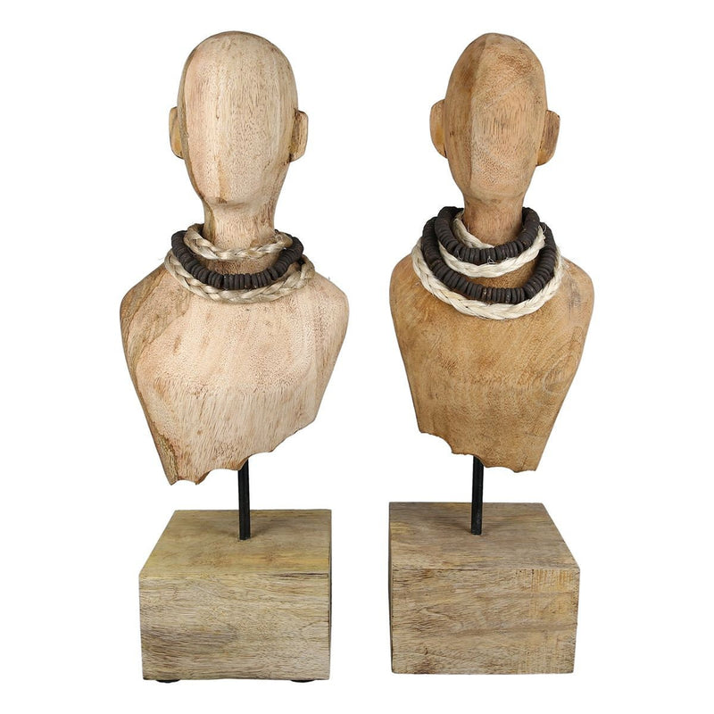 Set van 2 sculpturen "Sienna" natuurlijke kleur gemaakt van mangohout, met ketting op houten voet hoogte 45cm etalage decoratie sieraden decoratie