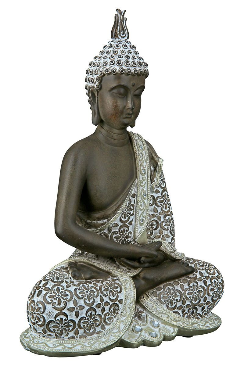 Boeddhabeeld zittend MANGALA donkerbruin geveegd wit, met glasdecoratie 35 of 29cm