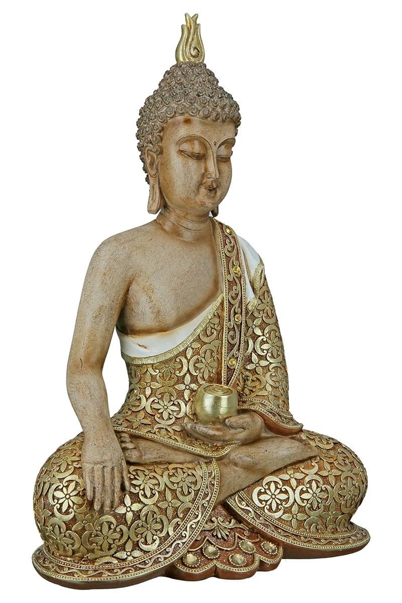 Buddha figure sitting MANGALA brown with gold-colored applications, with glass decoration 35 or 29cm