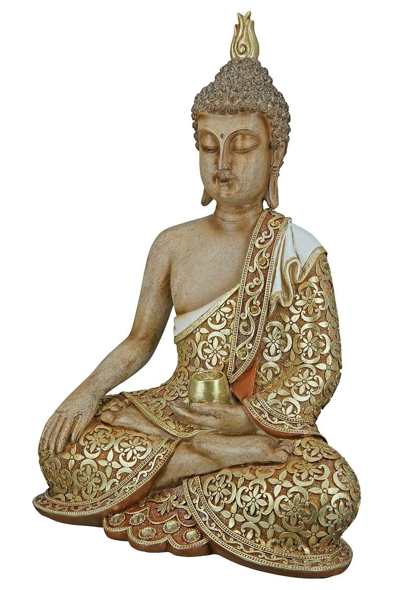 Boeddhabeeld zittend MANGALA bruin met goudkleurige applicaties, met glasdecoratie 35 of 29cm