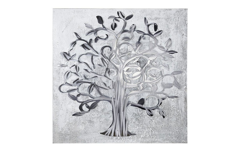 3D Bild „Lebensbaum“ grau/silberfarben mit 3D Elementen Wandbild Moderne Kunst handgemalt mit Aluminium-Elementen 90cm