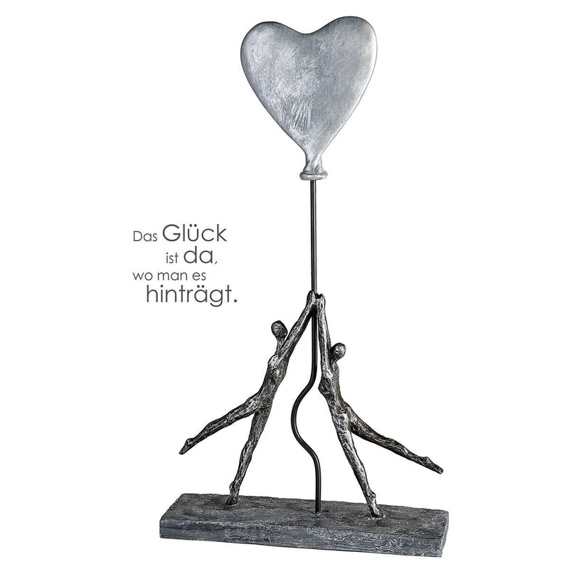 Sculpture 'Heart Balloon' - Couple in love with silver-colored heart balloon, anthracite &amp; silver, antique finish, 26x48 cm, including saying pendant