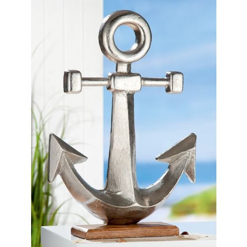 Large silver-colored maritime decorative anchor with wooden base, 56cm high