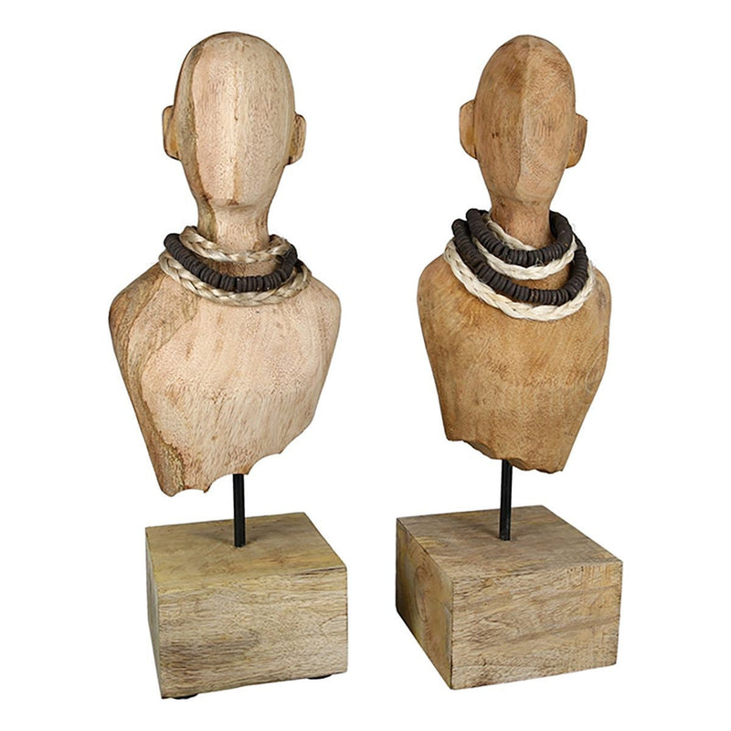 Set van 2 sculpturen "Sienna" natuurlijke kleur gemaakt van mangohout, met ketting op houten voet hoogte 45cm etalage decoratie sieraden decoratie