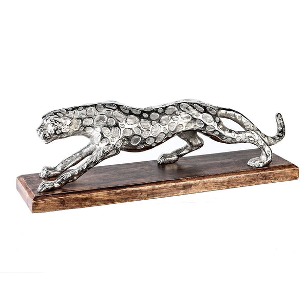 Exclusive sculpture PANTHER made of aluminum antique finish light surface structure on mango wood base Width 51cm
