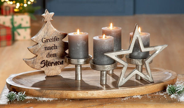 Exquisite mango wood tray 'Christmas tree' - elegant candle holder for 4 candles Christmas decorations