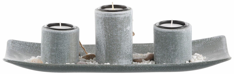 Stylish wooden decorative bowl with candle holders and decorative stones for a cozy ambience - MF