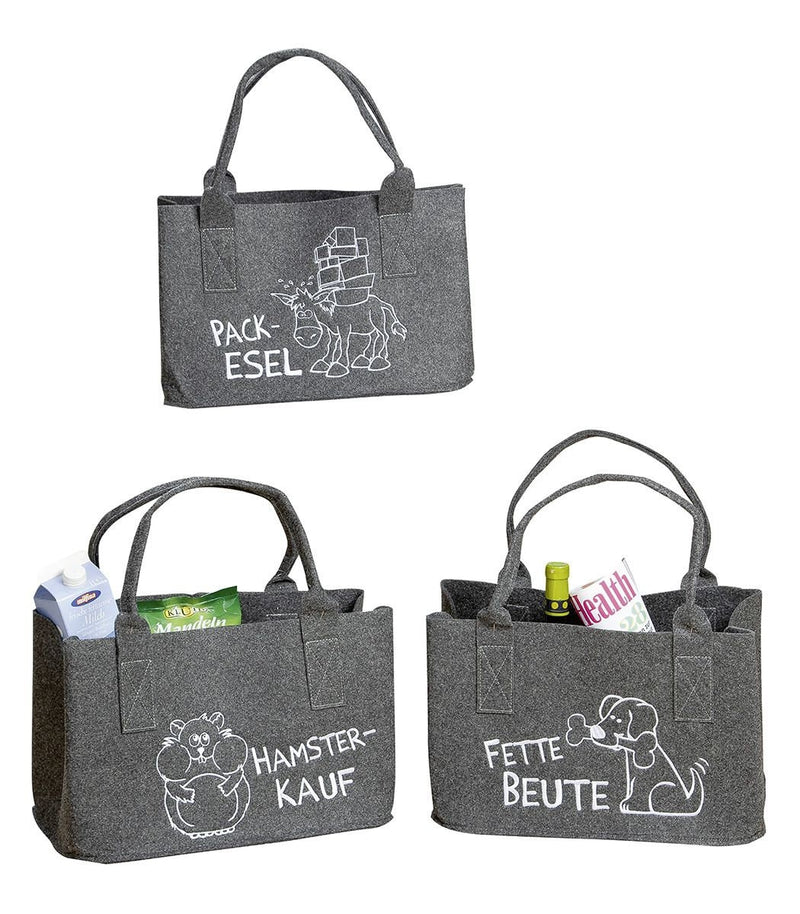 MF vilten tas in donkergrijs "Smart Shopping" shoppervilt geborduurd met dierenmotief en spreuk: pakezel / hamsteraankoop / dikke buit