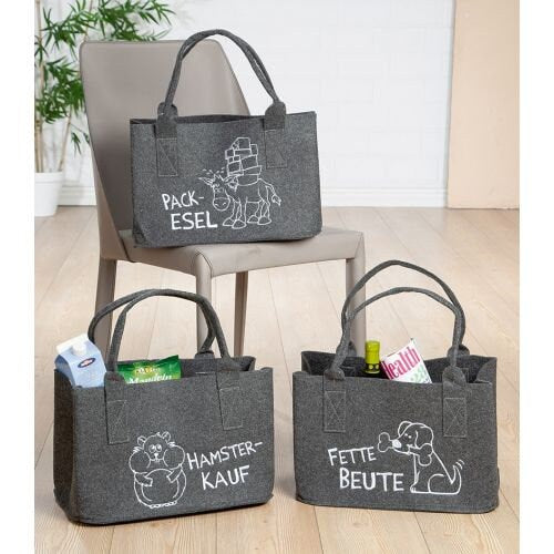 MF vilten tas in donkergrijs "Smart Shopping" shoppervilt geborduurd met dierenmotief en spreuk: pakezel / hamsteraankoop / dikke buit