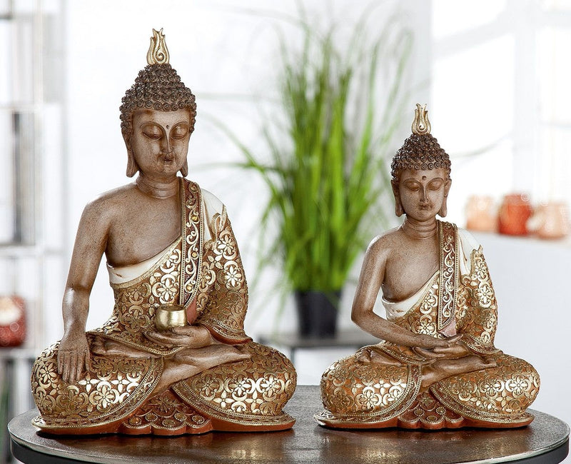 Buddha Figur sitzend MANGALA braun mit goldfarbenen Applikationen, mit Glasdeko 35 oder 29cm