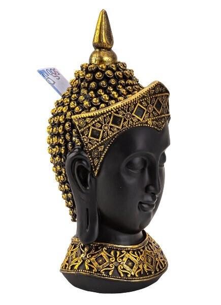 Boeddha hoofd spaarpot zwart met gouden kap Hoogte 33cm