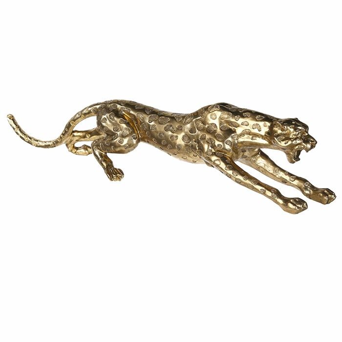 Exclusief XXL cheetah beeld "Speed" in antiek gouden afwerking. Unieke kunst voor in huis. Breedte 145 cm