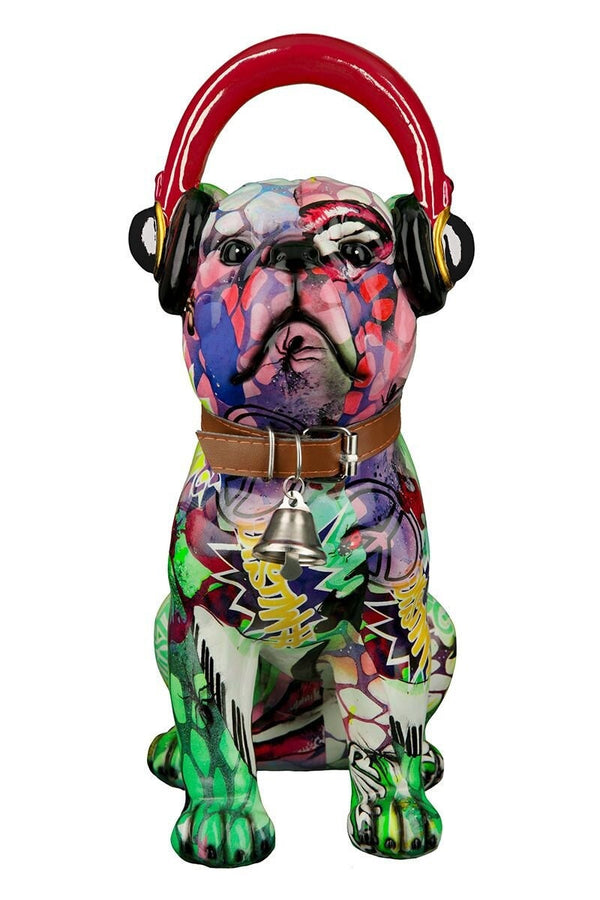 Bulldog figure street art graffiti design, polyresin, headphones, 30cm