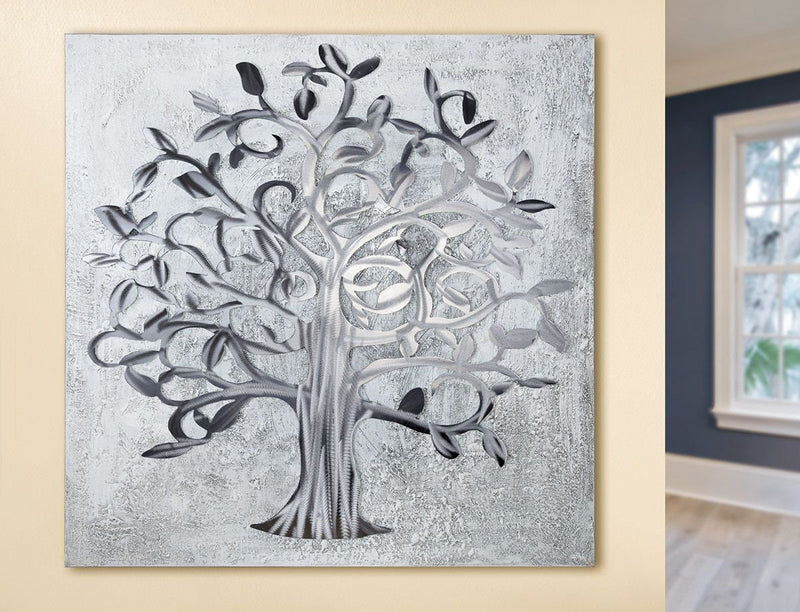 3D Bild „Lebensbaum“ grau/silberfarben mit 3D Elementen Wandbild Moderne Kunst handgemalt mit Aluminium-Elementen 90cm
