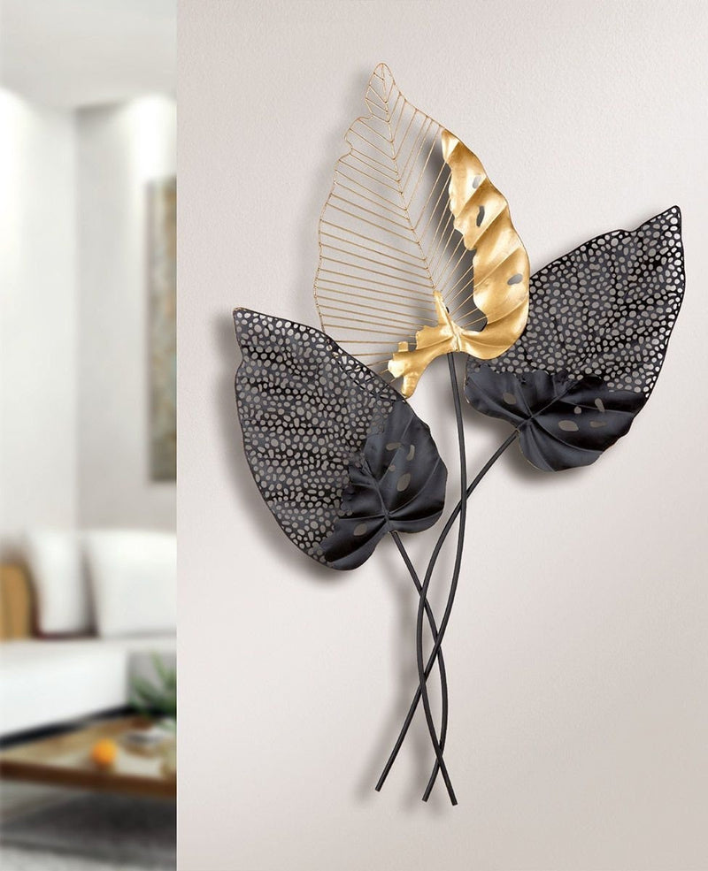 3D metal wall relief 3 leaves Santos wall decoration height 107cm black / gold