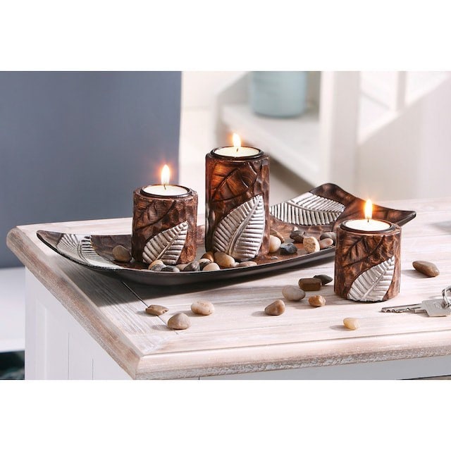 MF 3 candle holder tealight holder decorative bowl rectangular made of wood with leaves decorative tray decoration warm and cozy ambience