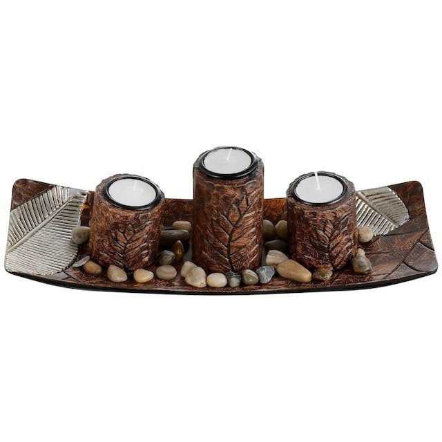 MF 3 candle holder tealight holder decorative bowl rectangular made of wood with leaves decorative tray decoration warm and cozy ambience