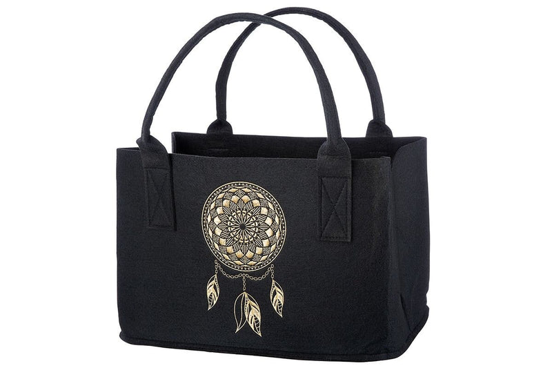 Vilten tas in zwarte dromenvanger shopper draagtas, handtas, cadeau, boodschappentas met geborduurd motief in goudkleurig vilt