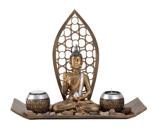 Buddha set with 2 tealight holders, bowl, Buddha figure and decorative stones