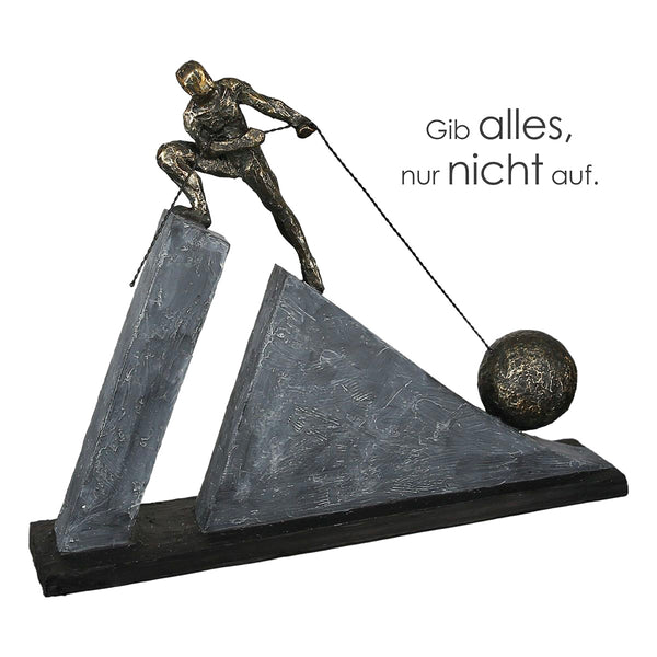 Inspirational guild sculpture "Don't give up" in bronze color with gray stone and saying pendant
