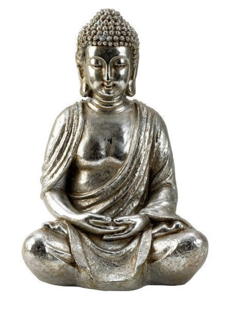 Mediterende Boeddha Yoga-figuur in zilveren tuin- of woonkamerdecoratie H48cm