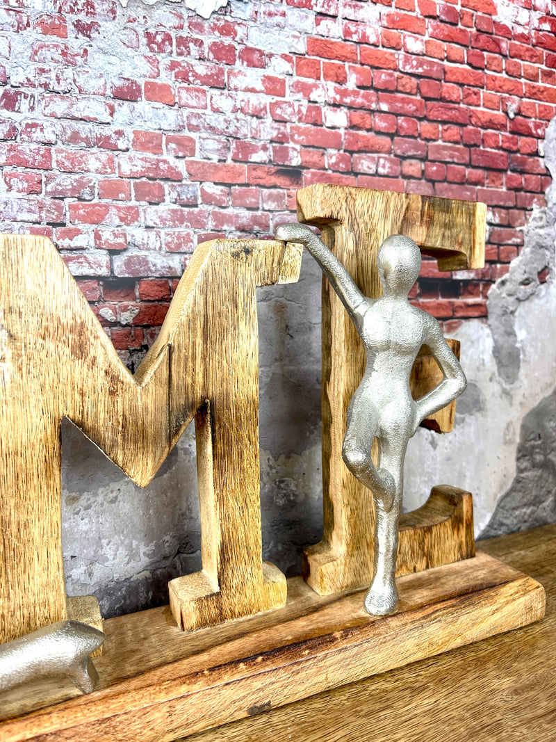 Wooden lettering HOME Family made of mango wood in natural colors Figures made of aluminium